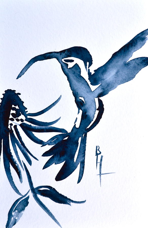 Hummingbird and Coneflower Sumi-e Painting by Beverley Harper Tinsley