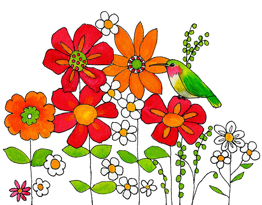 Hummingbird and Flowers Painting by Blenda Studio