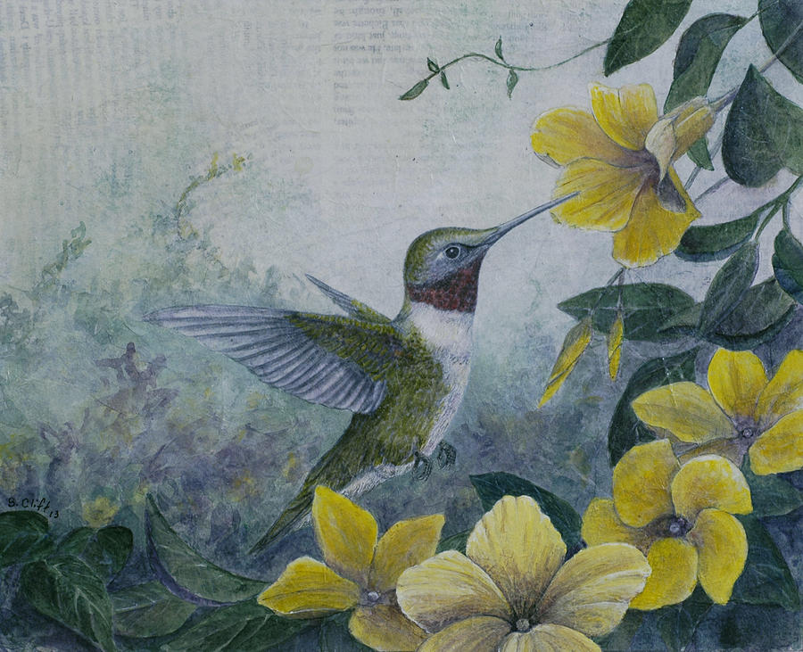 Hummingbird and Mandevillas Painting by Sandy Clift