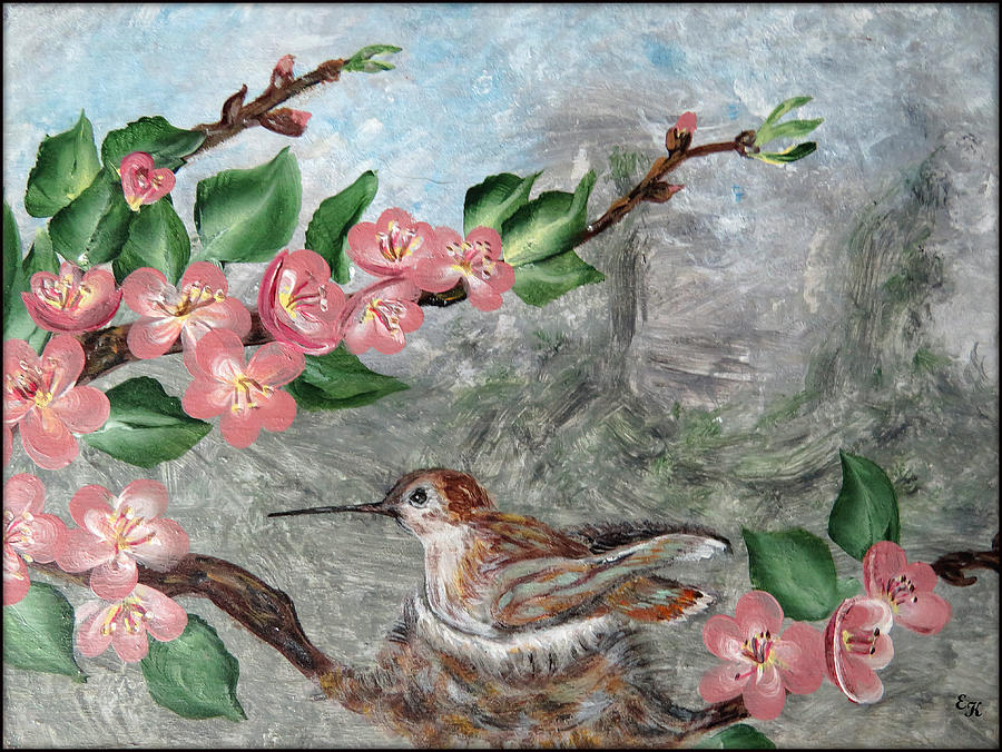 Nature Painting - Hummingbird Hidden in Blossoms Original Painting by Ella Kaye Dickey