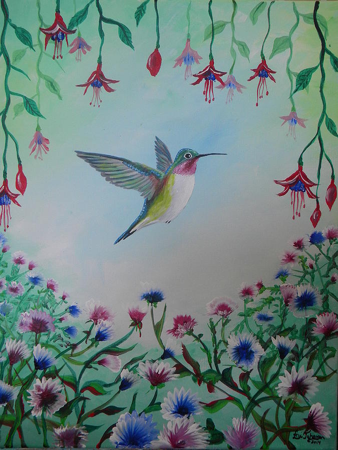 Hummingbird in Flower Garden Painting by Eric Johansen