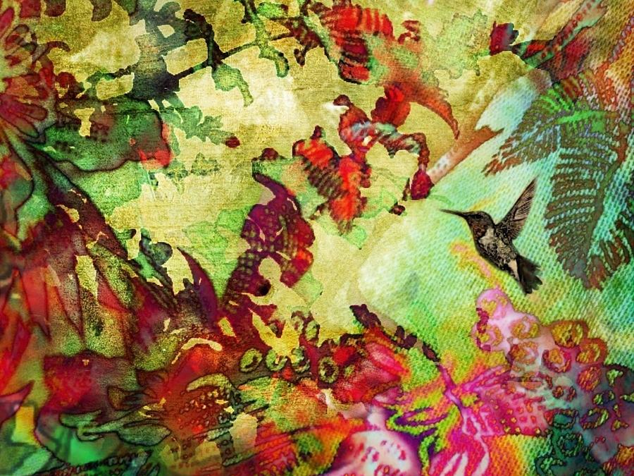 H Hummingbird in Flower Heaven - Horizontal Painting by Lyn Voytershark