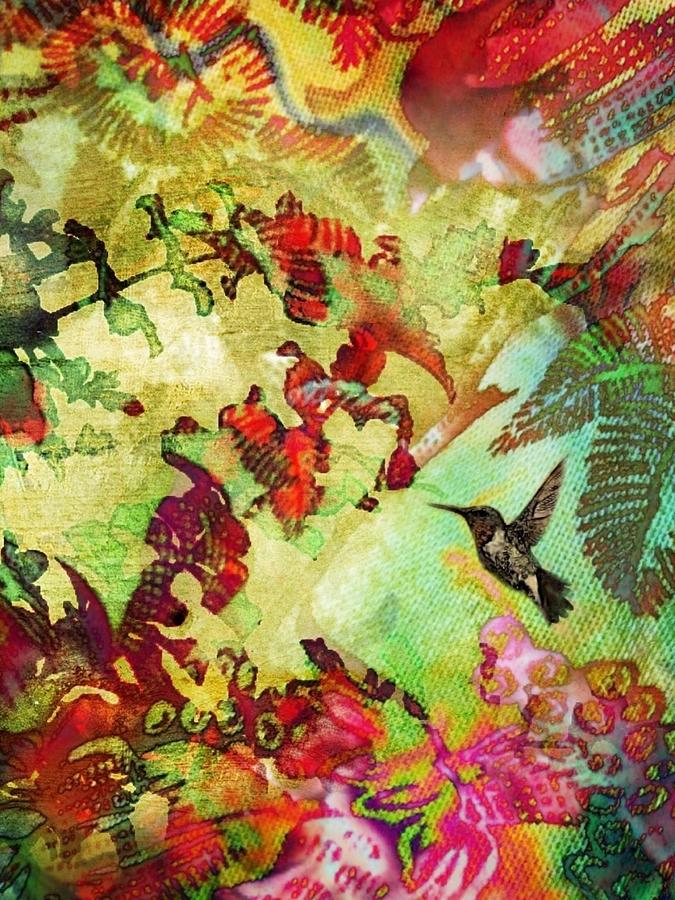 V Hummingbird in Flower Heaven - Vertical Digital Art by Lyn Voytershark