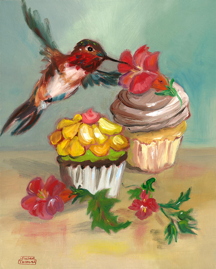 hummingbird with 2 Cupcakes Painting by Susan Thomas