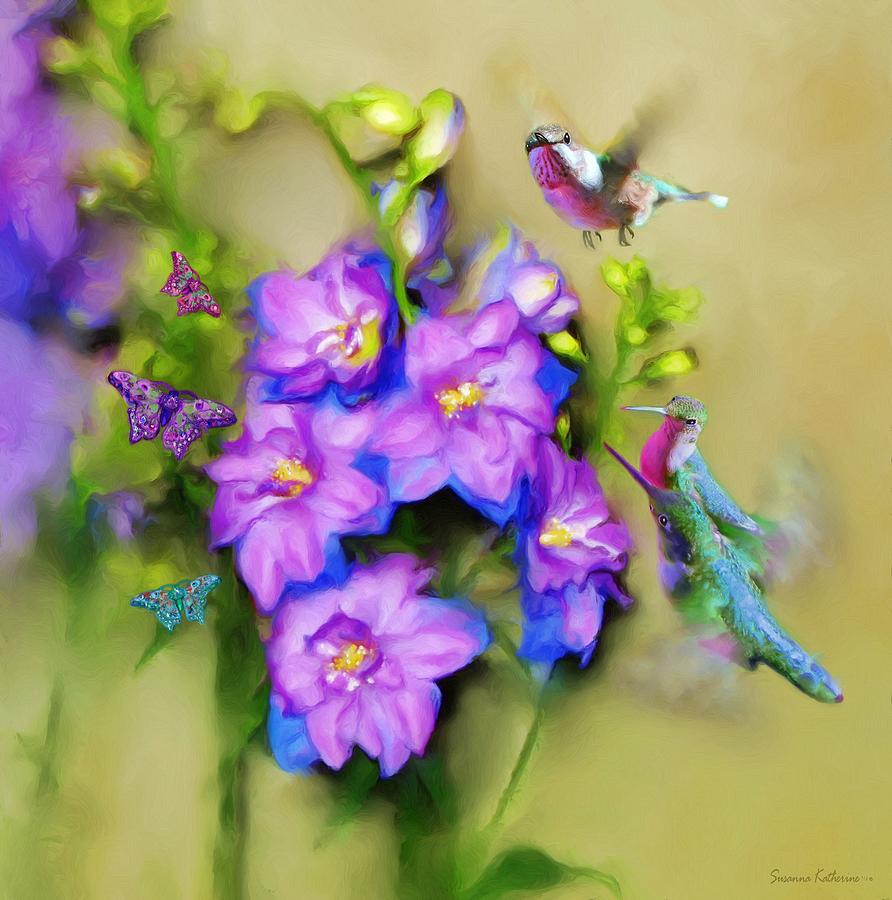 Flower Painting - Hummingbirds Butterflies And Flowers by Susanna Katherine