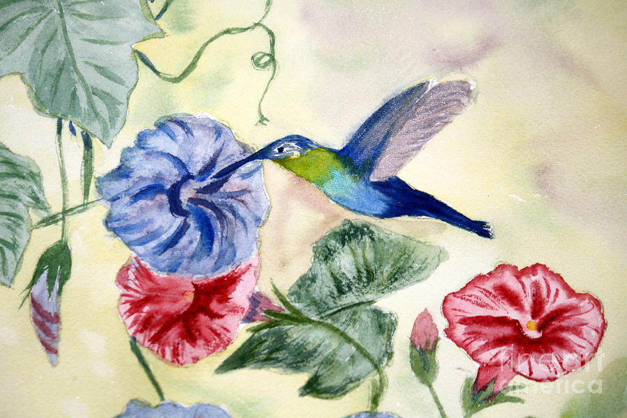 Hummmingbird among Morning Glories Painting by Donna Walsh