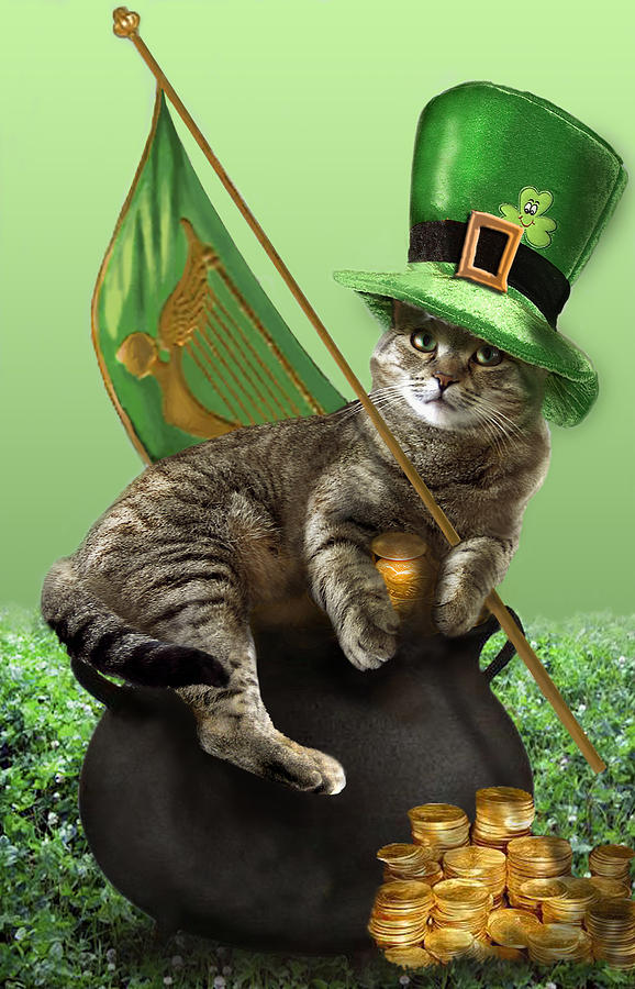  St. Patricks day Irish cat sitting on a pot of gold Painting by Regina Femrite