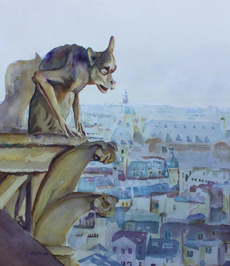 Notre Dame Painting - Hunchbacked Gargoyle by Jenny Armitage