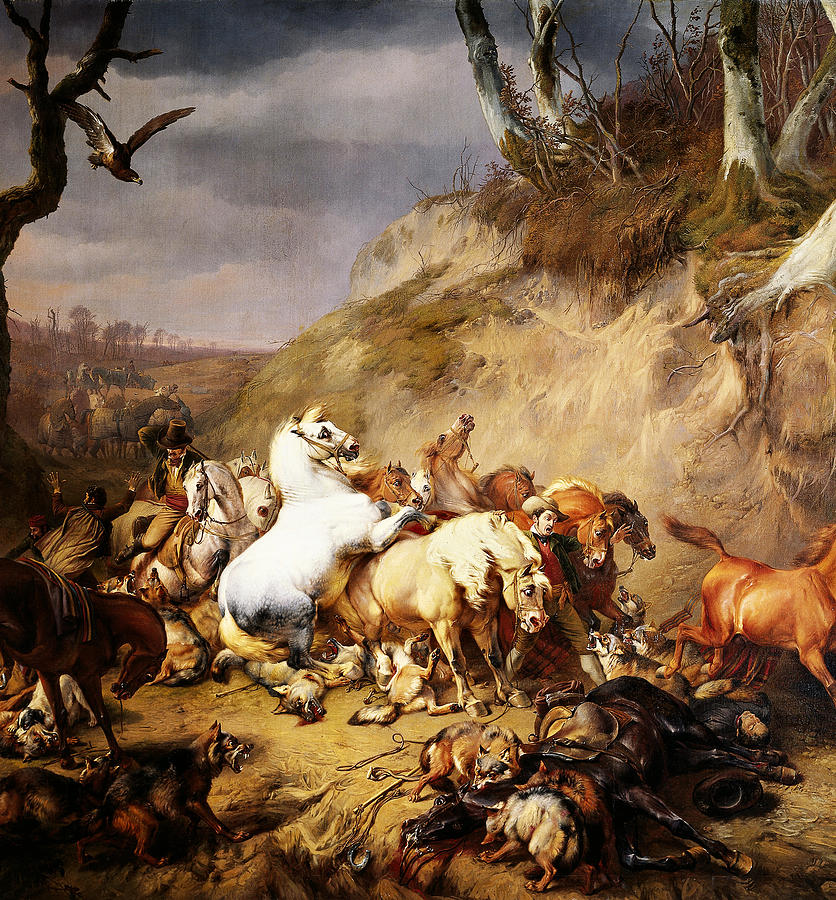 Hungry Wolves Attacking A Group Of Horsemen Digital Art by Eugene Verboeckhoven