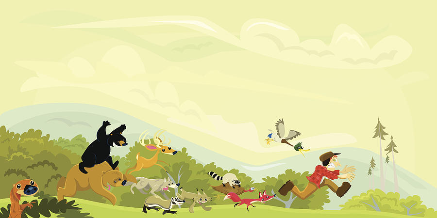 Hunter Chased by a Group of Animals Drawing by Glenne82