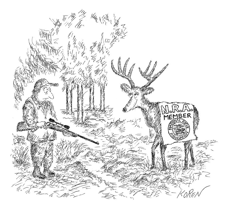 Hunter Holding A Rifle Looks Peevishly At A Deer Drawing by Edward Koren