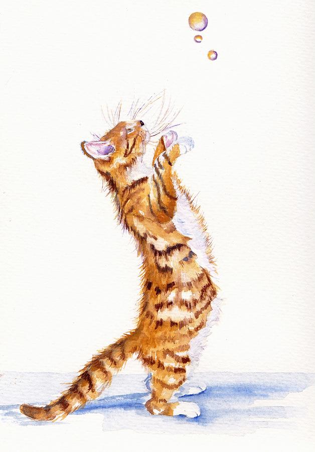 Cat - Hunting Bubbles Painting by Debra Hall