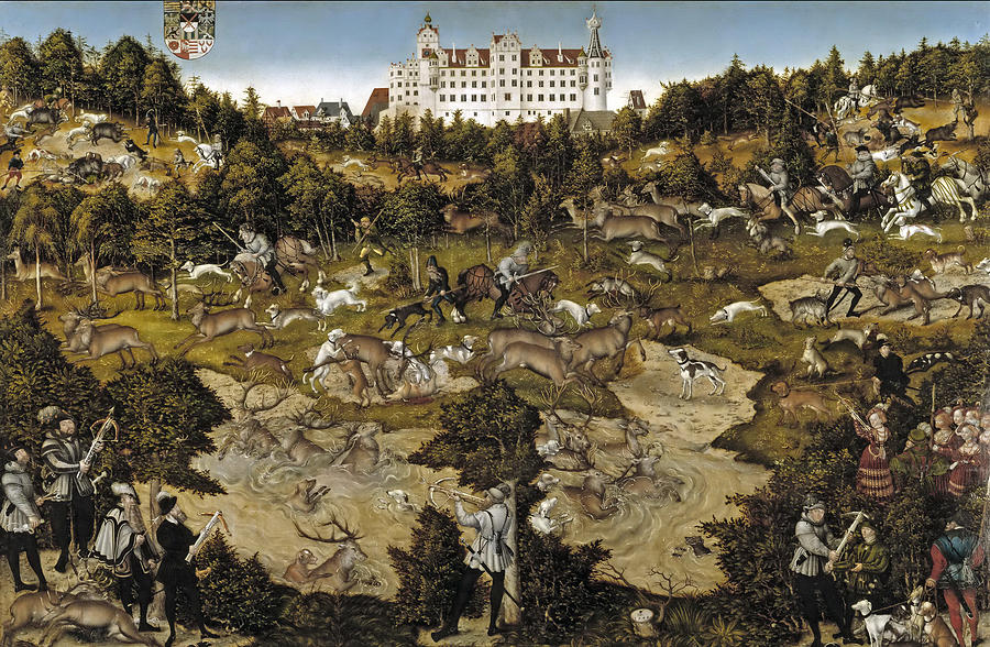 Hunting in honor of Charles V near the Castle of Torgau Painting by Lucas Cranach the Elder