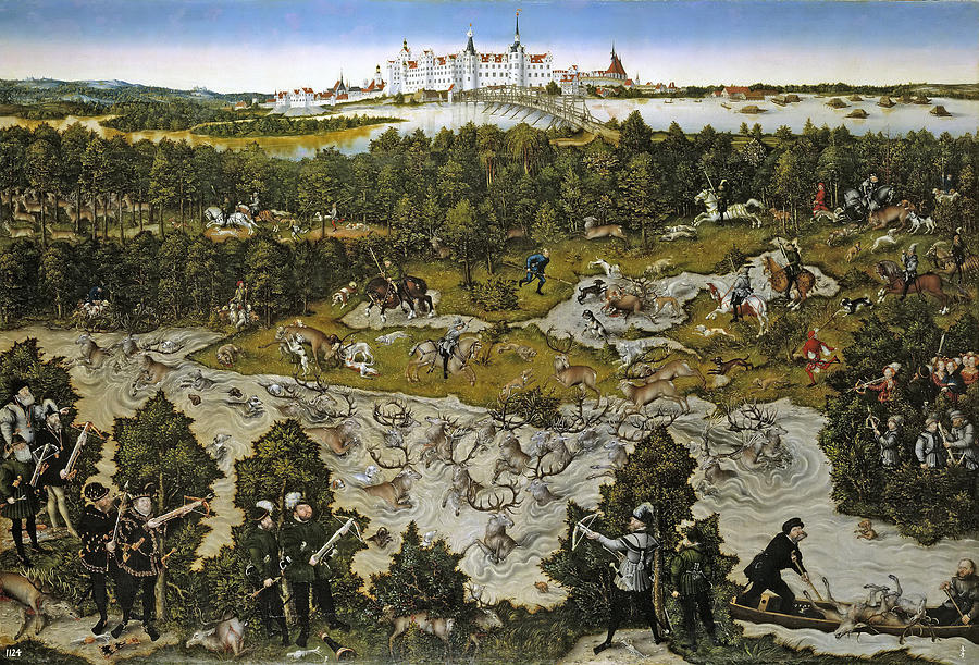 Hunting in honor of Ferdinand I of the castle near Torgau Painting by Lucas Cranach the Elder