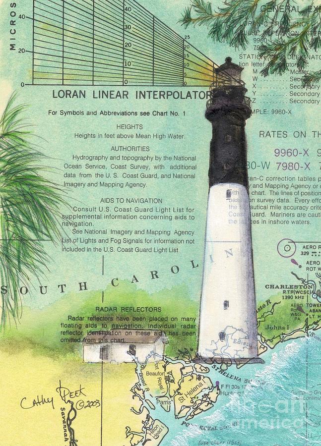 Hunting Island Lighthouse SC Nautical Chart Map Art Cathy Peek Painting