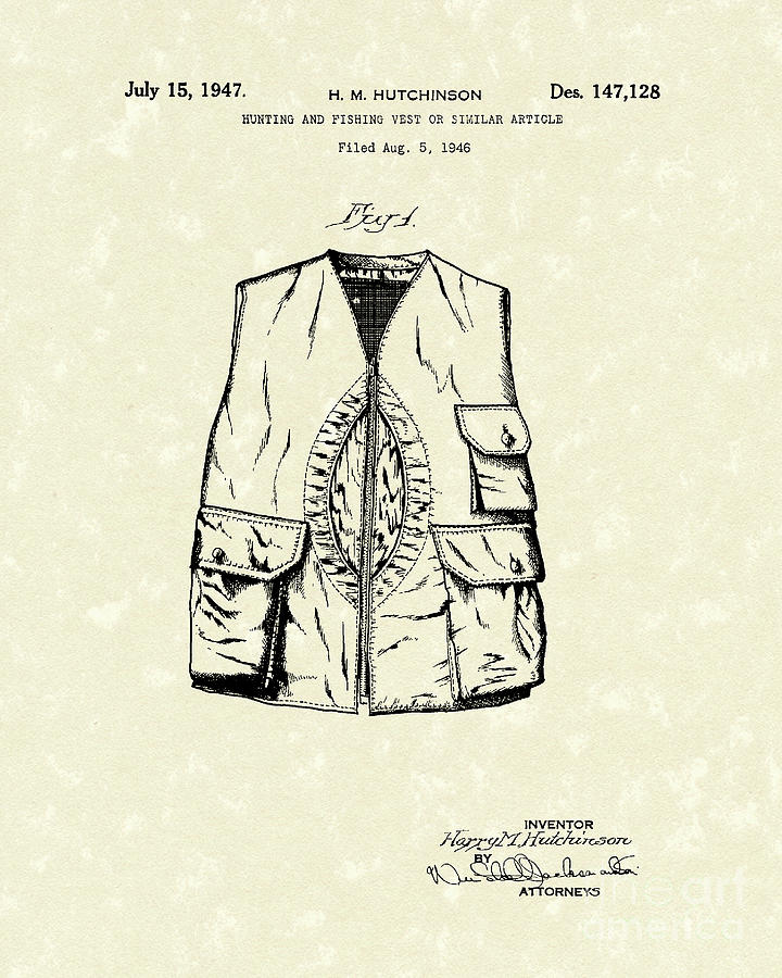 Hunting Vest 1947 Patent Art Drawing by Prior Art Design