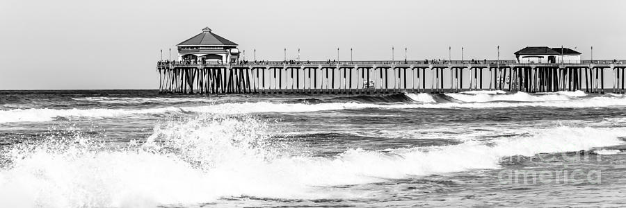 Huntington Beach Pier Black and White Panoramic Picture Photograph by Paul Velgos