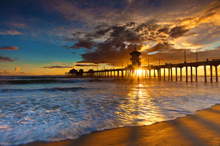 Sunset Photograph - Huntington Beach Pier Sunburst by Brian Knott Photography