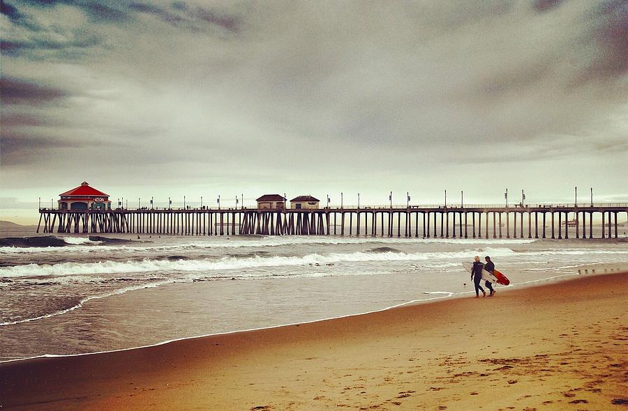 Long Beach Photograph - Huntington Beach Surfers by Hal Bowles