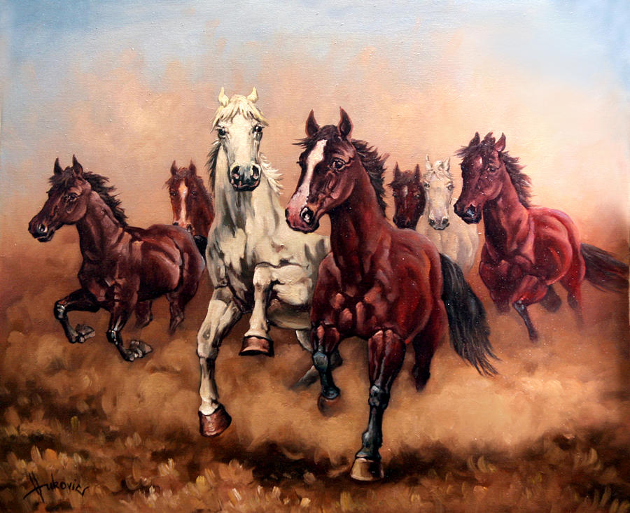 Horse Painting - Hurry up my horses - seven angels by Dusan Vukovic