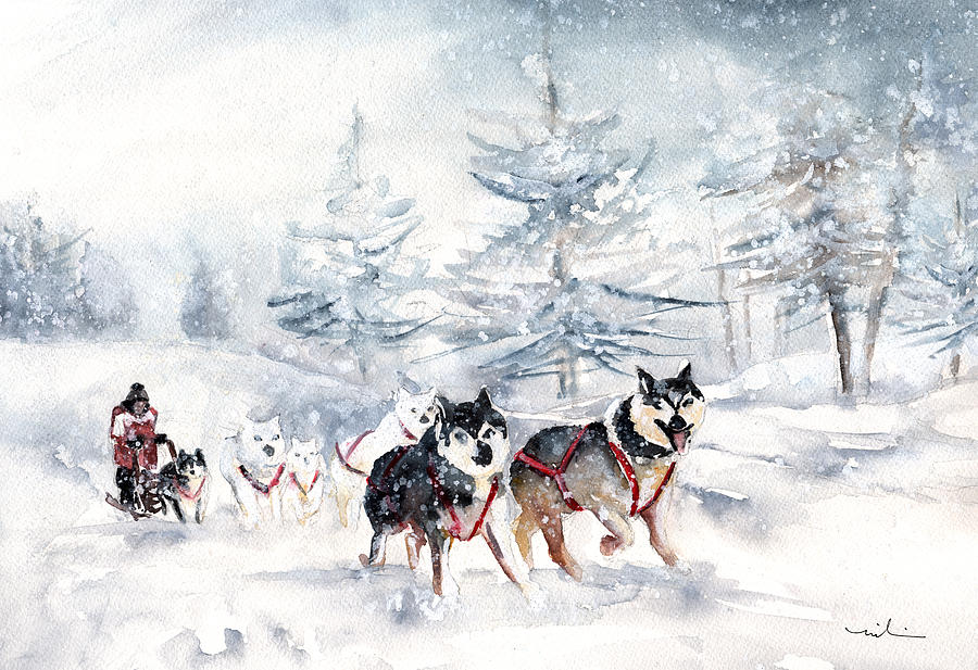 Huskies Sledge Painting by Miki De Goodaboom