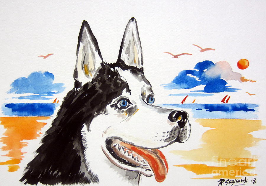 Husky at the beach Painting by Roberto Gagliardi