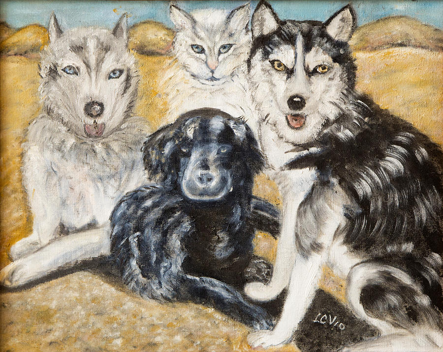 Husky Black Lab and Gato Pete Painting by Lucille  Valentino