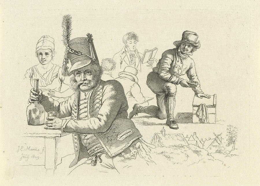 Bottle Drawing - Hussar With Glass And Bottle On A Table, A Cobbler by Quint Lox