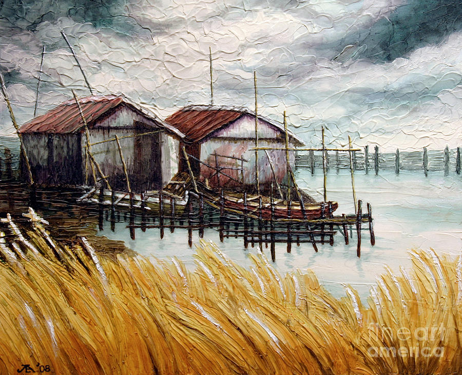 Boat Painting - Huts by the Shore by Joey Agbayani