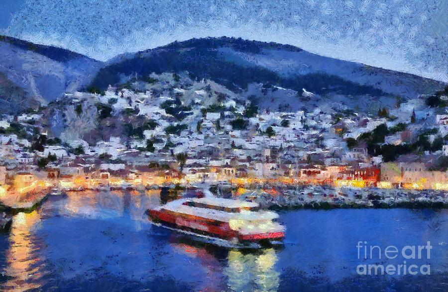 Hydra town during dusk time Painting by George Atsametakis