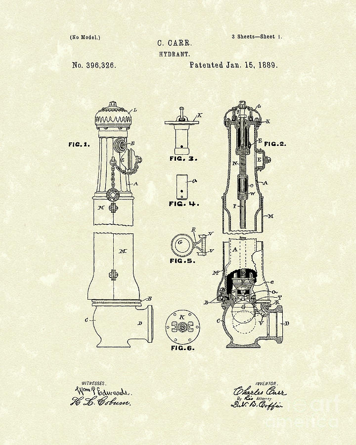 Hydrant 1889 Patent Art Drawing by Prior Art Design