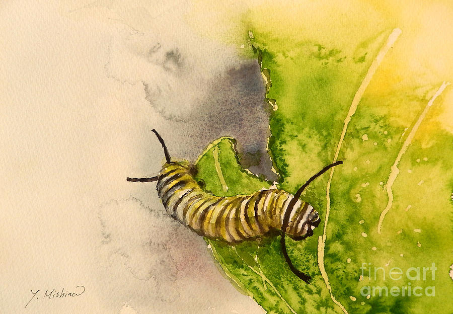 I am Very Hungry - Monarch Caterpillar Painting by Yoshiko Mishina