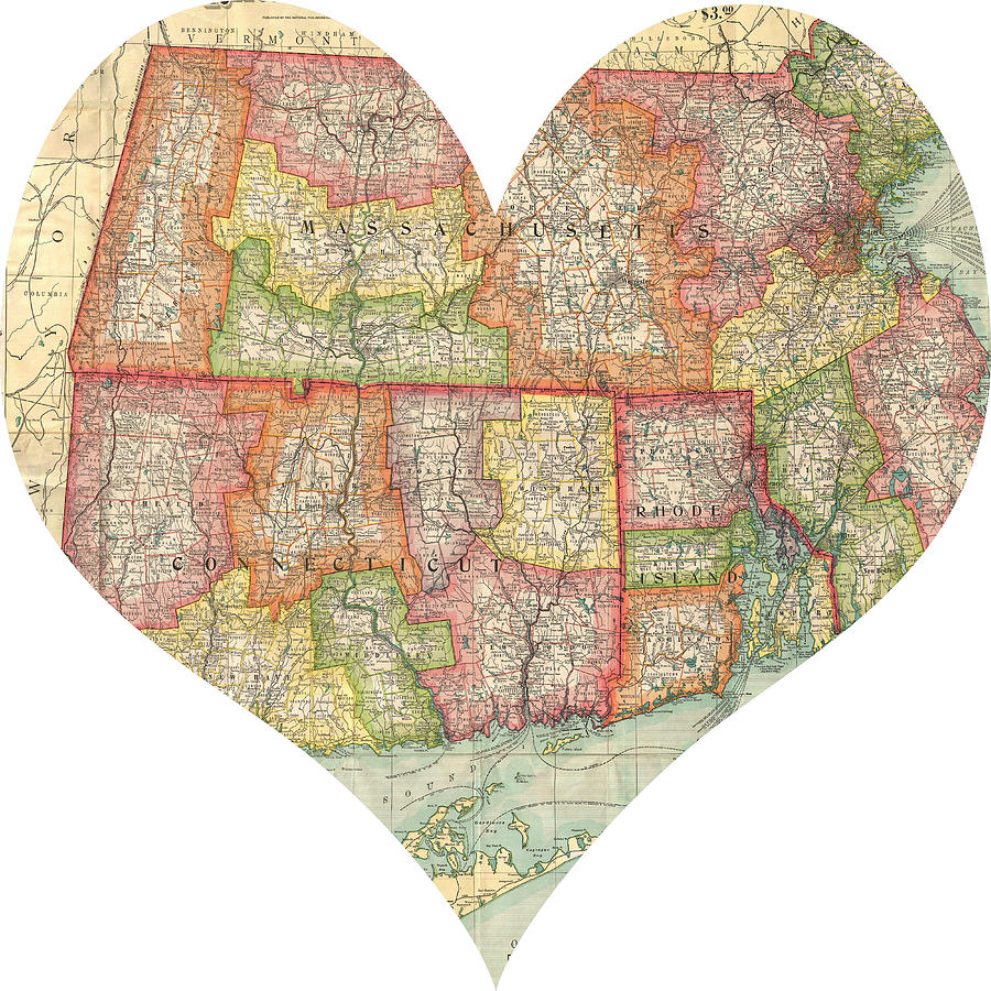 I Love Conneticut Rhode Island and Massachusetts Heart Map Photograph by Georgia Clare