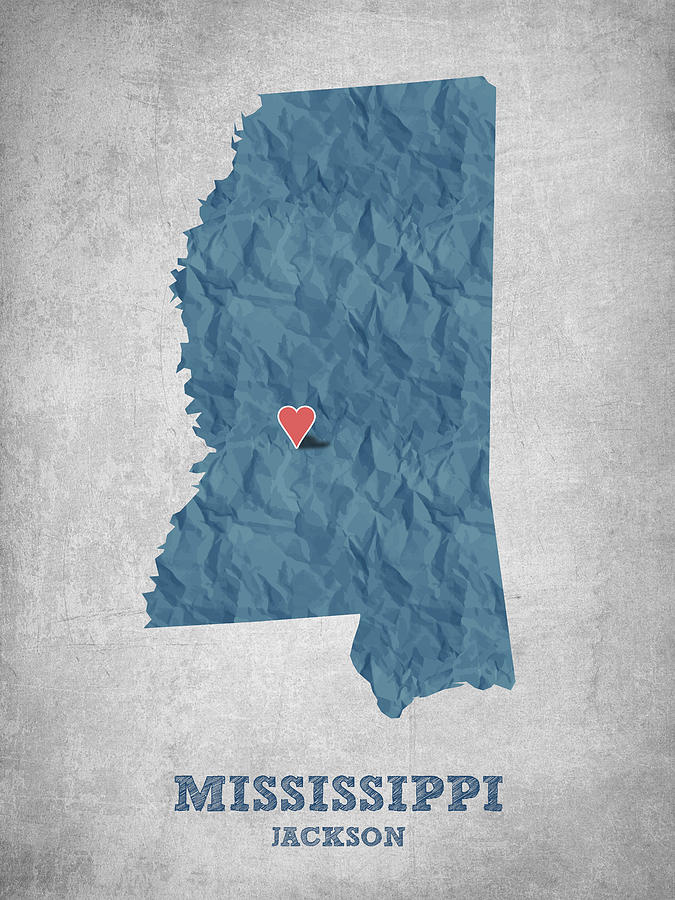Mississippi Map Drawing - I love Jackson Mississippi - Blue by Aged Pixel