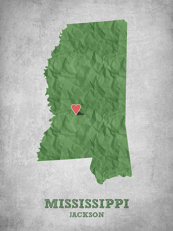Mississippi Map Drawing - I love Jackson Mississippi - Green by Aged Pixel