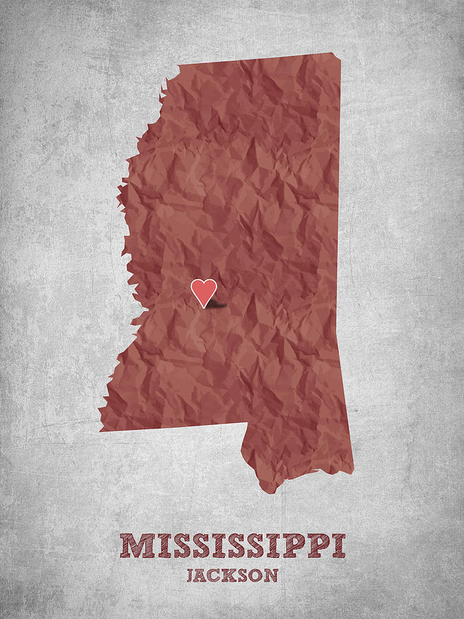 Mississippi Map Drawing - I love Jackson Mississippi - Red by Aged Pixel