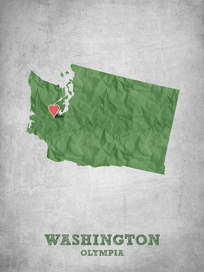 Washington Map Drawing - I love Olympia Washington- Green by Aged Pixel