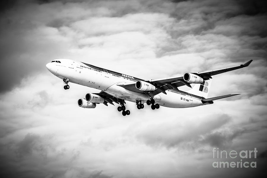 Black And White Photograph - Iberia Airlines Airbus A340 Airplane in Black and White by Paul Velgos