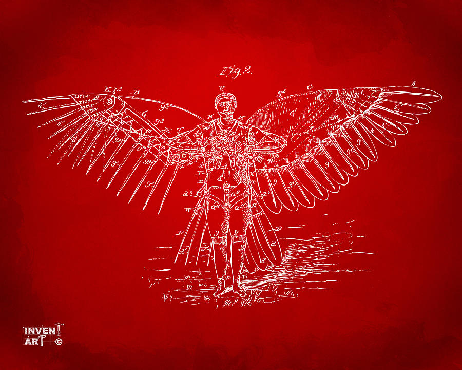 Icarus Flying Machine Patent Artwork Red Digital Art by Nikki Marie Smith