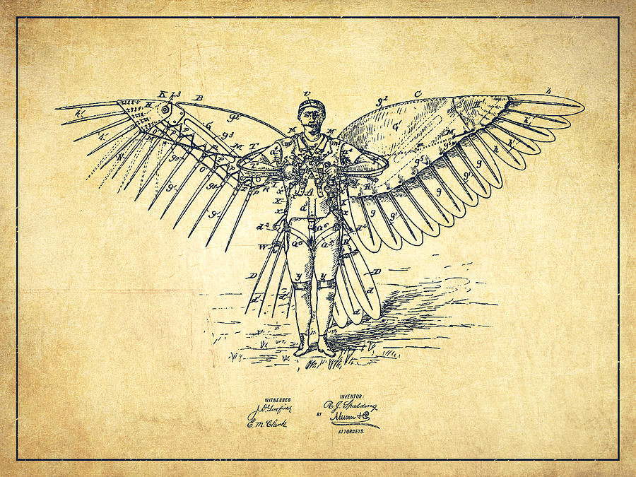 icarus flying machine patent drawing vintage aged pixel