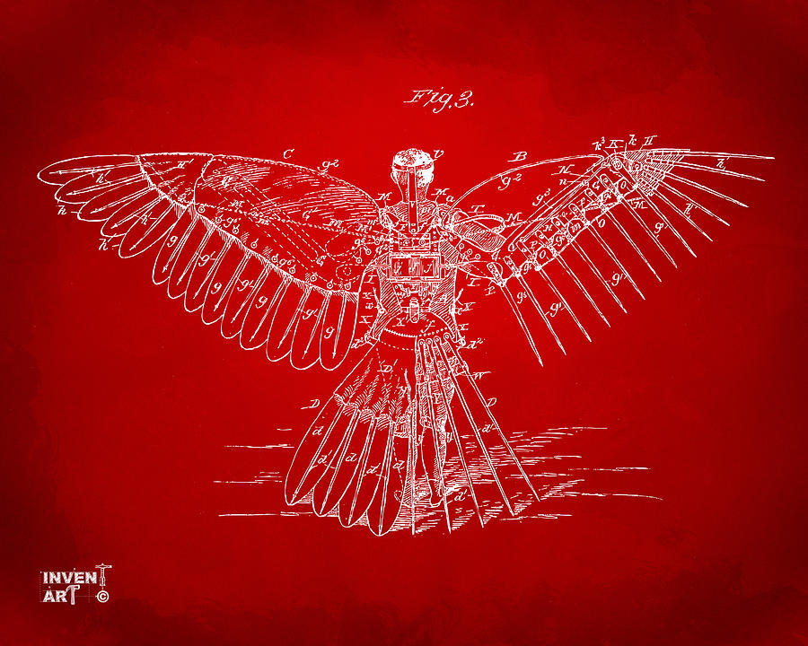 Leonardo Da Vinci Digital Art - Icarus Human Flight Patent Artwork Red by Nikki Marie Smith