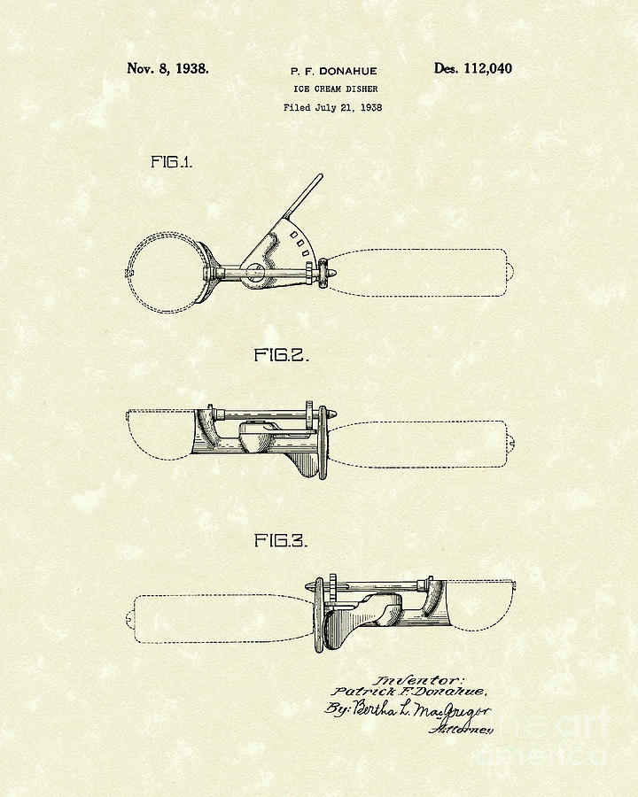 Ice Cream Scoop 1938 Patent Art Drawing by Prior Art Design