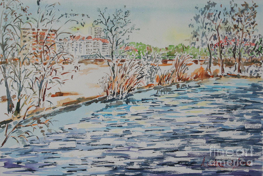 Ice floes on river Rednitz Painting by Almo M