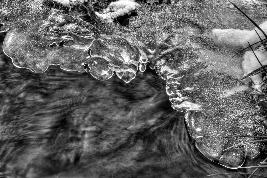 Winter Photograph - Ice On Creek in Black and White by Greg and Chrystal Mimbs