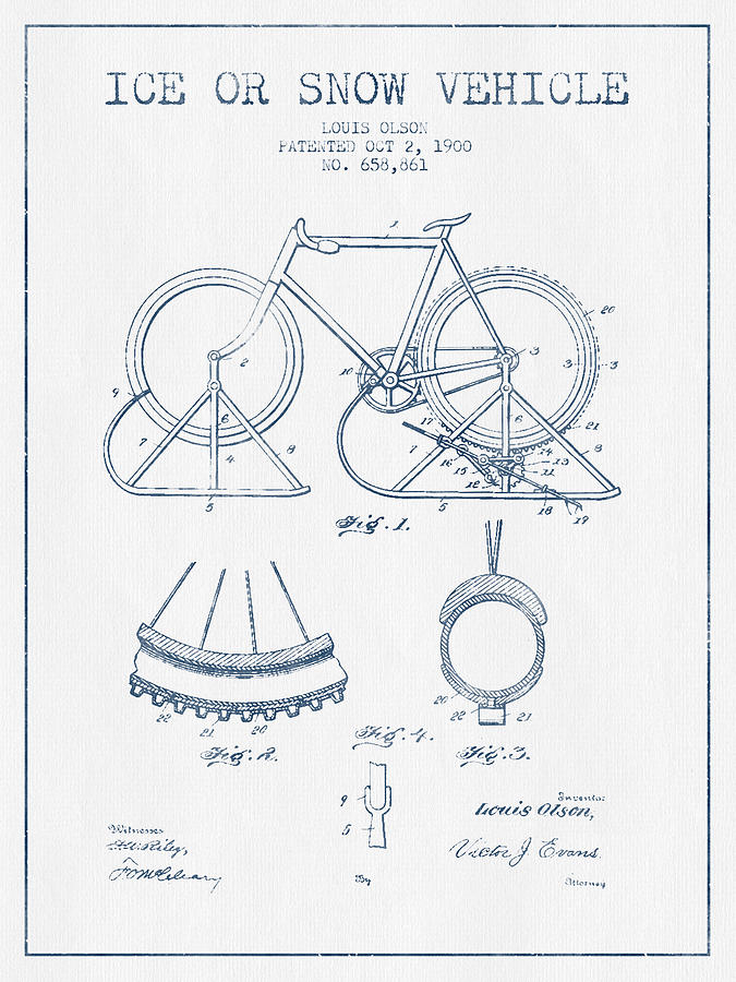 Ice Or Snow Vehicle Patent Drawing From 1900  - Blue Ink Digital Art