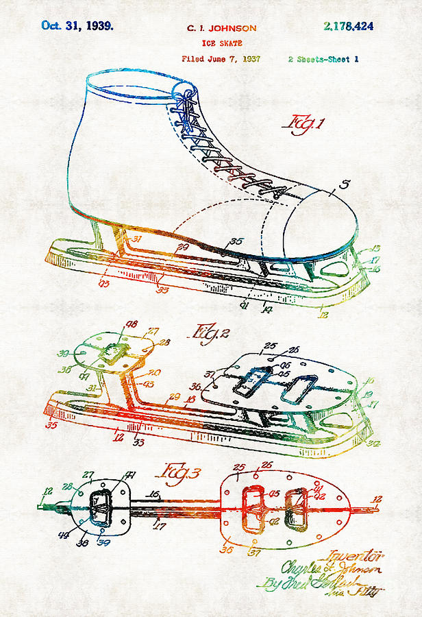 Primary Colors Painting - Ice Skate Patent - Sharon Cummings by Sharon Cummings