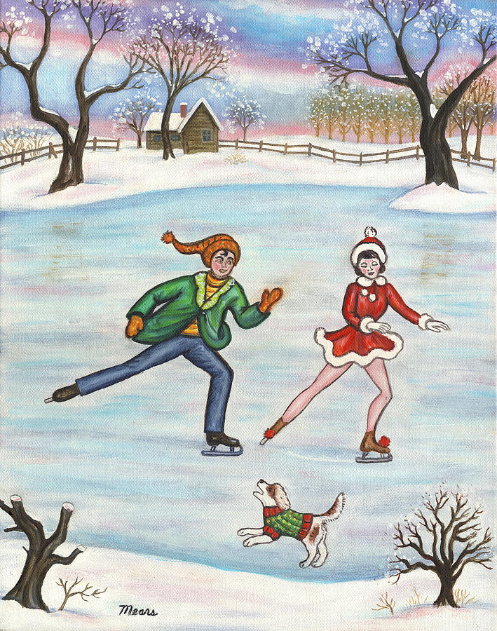 Winter Painting - Ice Skaters by Linda Mears
