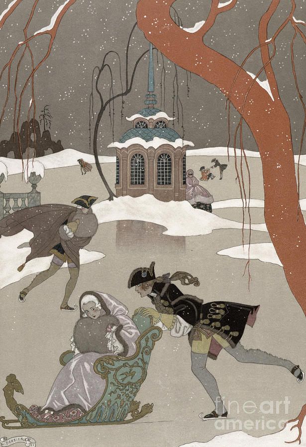 Ice Skating on the Frozen Lake Painting by Georges Barbier