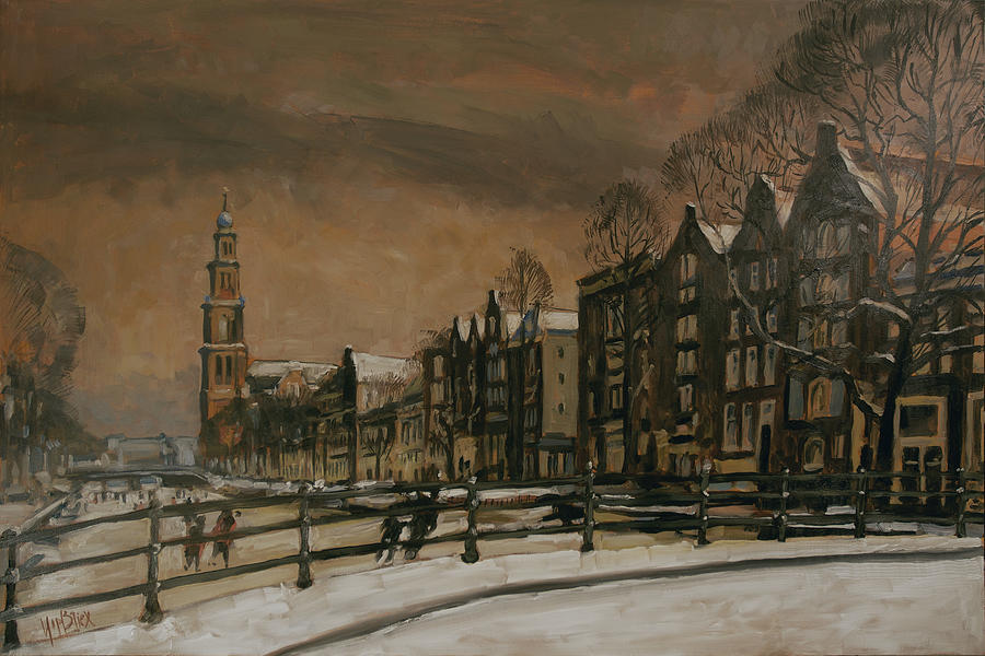 Ice skating on the Prinsengracht Amsterdam Painting by Nop Briex