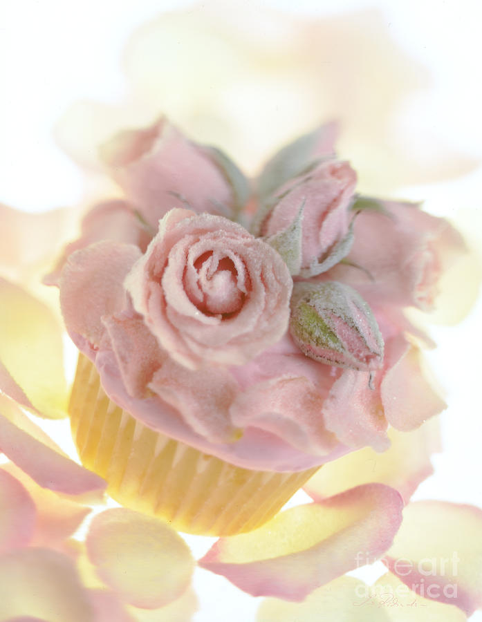 Cupcake Photograph - Iced Cup Cake with Sugared Pink Roses by Iris Richardson